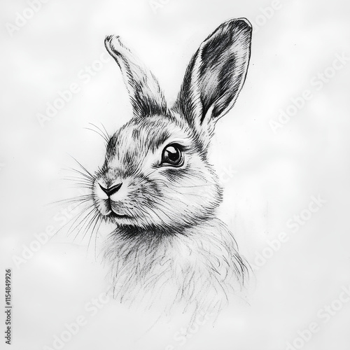 A highly detailed black and white sketch of a rabbit, with realistic fur texture and expressive eyes, intricate line work, soft shading, in pencil drawing style, capturing lifelike essence.