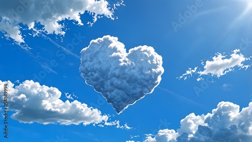 A heart-shaped cloud in a bright blue sky symbolizing love, holiday promo poster valentine day sale banner background, vibrant colors, romantic love and harmony photo