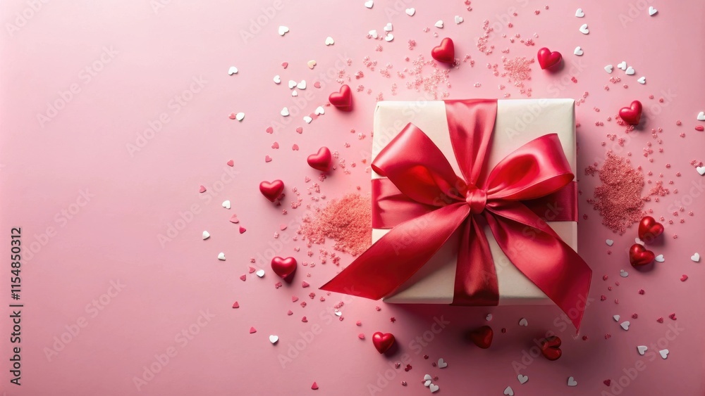 Romantic gift box adorned with a vibrant red ribbon, surrounded by pink and white heart-shaped sprinkles on a delicate pink background. Romantic gift box adorned with a vibrant red ribbon, surrounded by pink and white heart-shaped sprinkles on a delicate pink background.