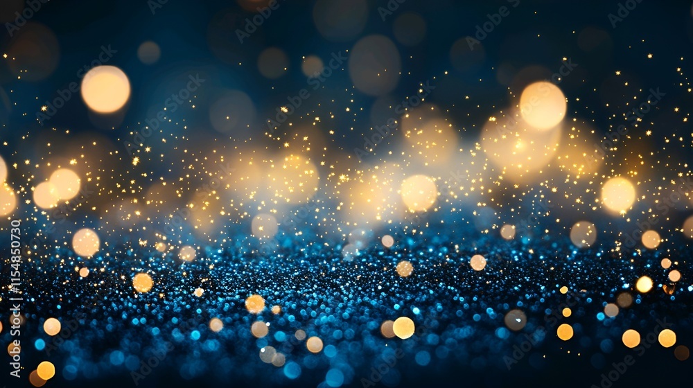 Blue and gold abstract background with bokeh lights. Glitter effect on a dark blue background, glowing particles, and golden stars for a luxury design concept banner template.
