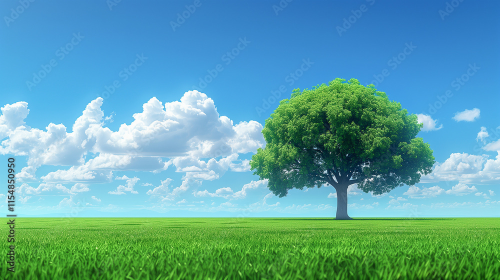 Obraz premium Lone Tree on Vibrant Green Field Under Clear Blue Sky..