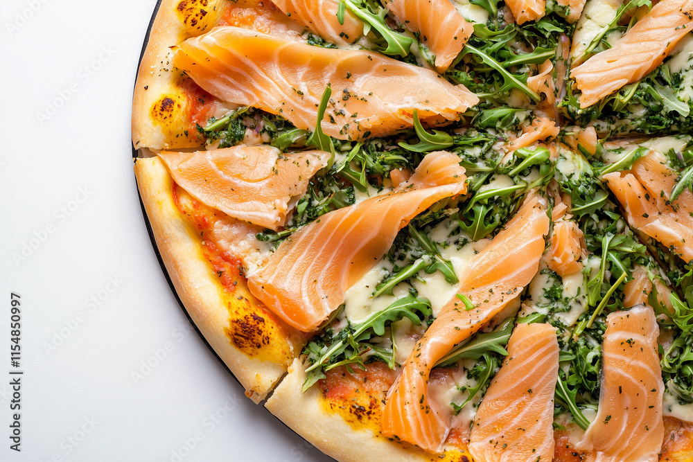 Top view fresh baked pizza isolated on white background, Selective focus pizza sliced on white, Close up shot smoked salmon and rocket salad pizza tray. Top view fresh baked pizza isolated on white background, Selective focus pizza sliced on white, Close up shot smoked salmon and rocket salad pizza tray.