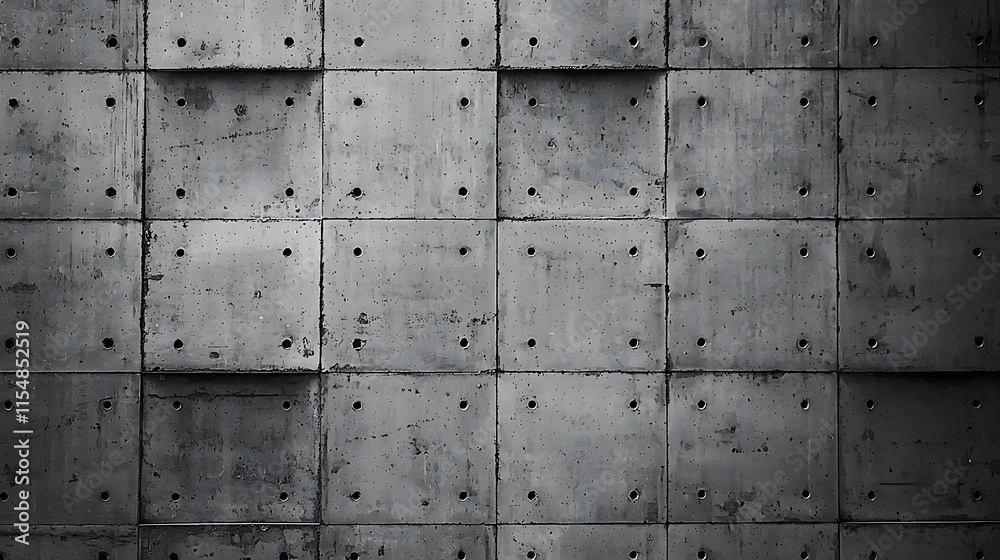 Grey concrete wall with square panels and holes. Grey concrete wall with square panels and holes.