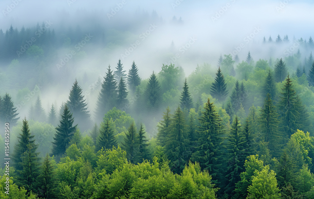 Fototapeta premium Beautiful aerial view of a misty forest landscape with green trees and fog in the spring, a top-down view from a drone