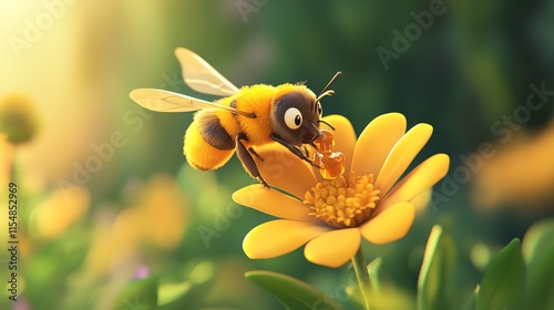 2D cartoon illustration of a cheerful bee collecting honey from a flower.--ar 16:9 photo