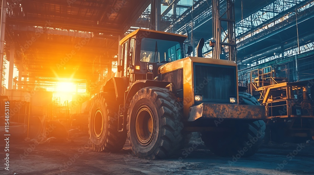 Heavy Duty Tractor in Industrial Setting. Concept of Construction, Industry, and Machinery.