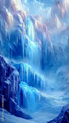 Frozen Waterfalls, Mystical Landscape, Blue Ice, Winter Scene, Digital Painting
