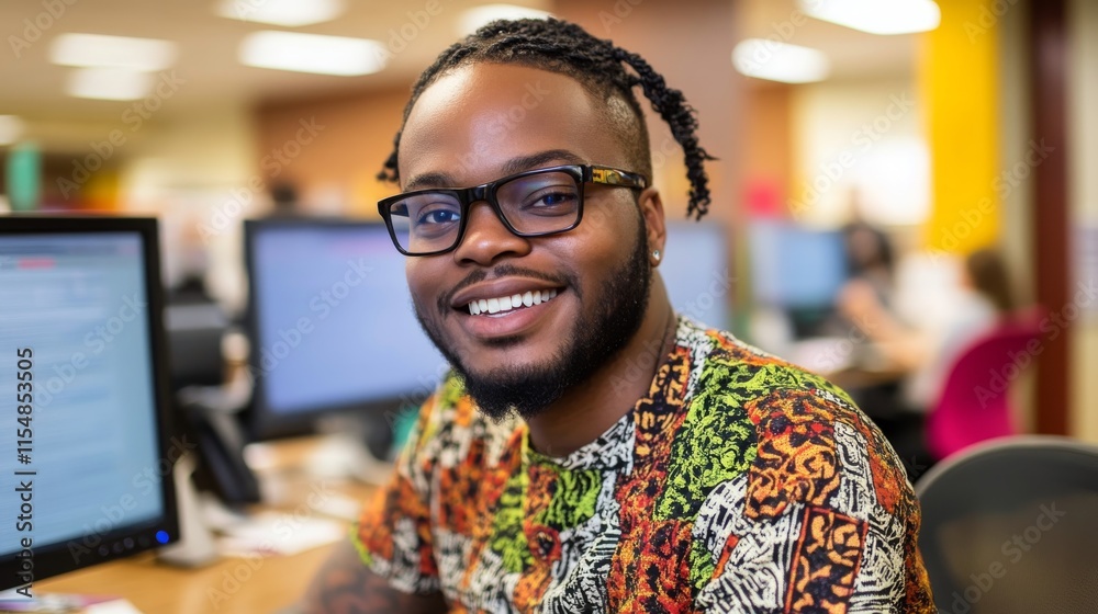 A professional engaged at a desk in a modern call center demonstrates efficiency and enthusiasm amid glowing monitors and supportive ergonomics A professional engaged at a desk in a modern call center demonstrates efficiency and enthusiasm amid glowing monitors and supportive ergonomics