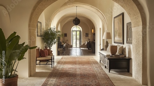 Entryway with arched walls and warm, inviting decor