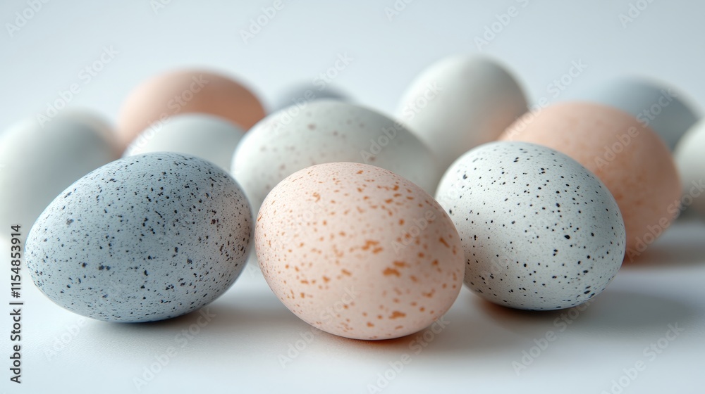 Easter eggs in pastel shades scattered over a clean white background with soft shadows Easter eggs in pastel shades scattered over a clean white background with soft shadows