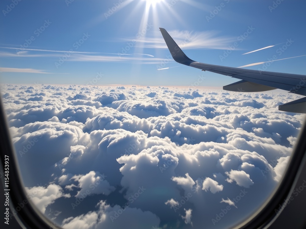 Obraz premium Aerial View Airplane Wing Over Stunning Cumulus Cloudscape Sunny Sky