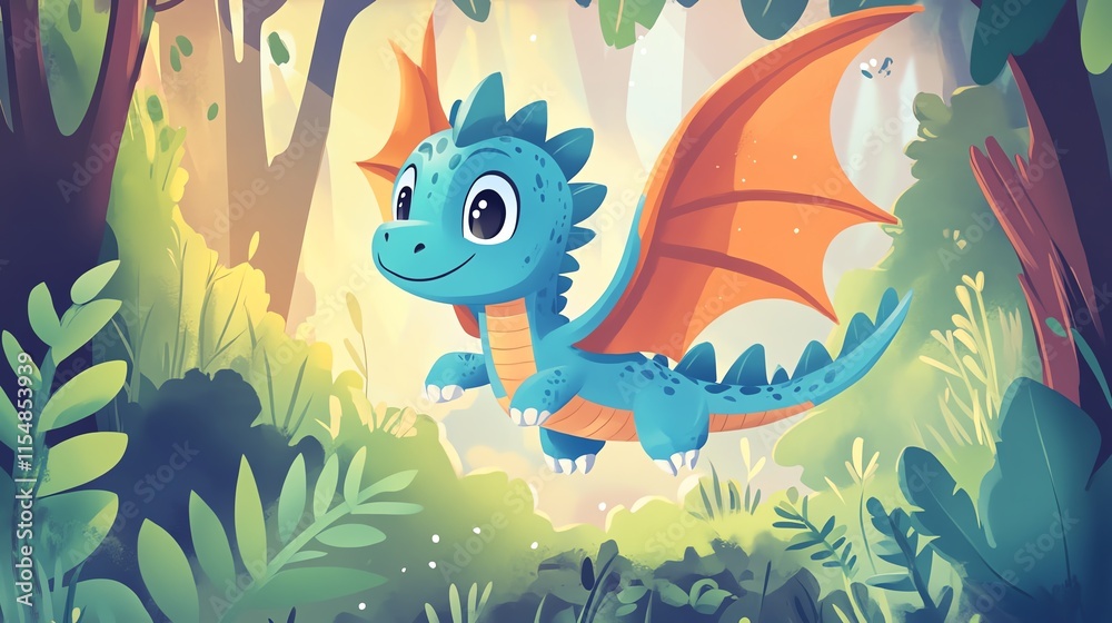 Obraz premium 2D cartoon illustration of a baby dragon learning to fly over a magical forest.--ar 16:9