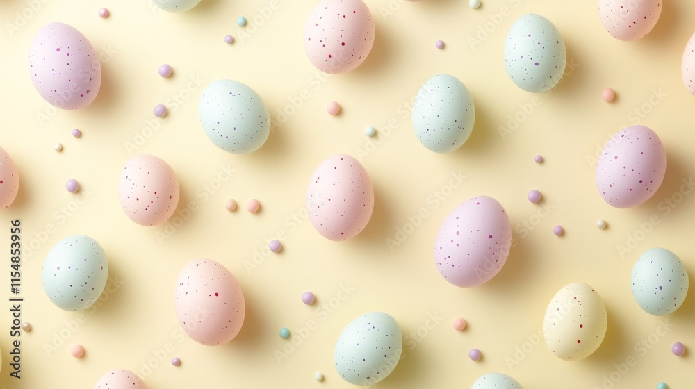 Easter eggs in soft colors like pink, lavender, and mint scattered randomly on a light yellow background Easter eggs in soft colors like pink, lavender, and mint scattered randomly on a light yellow background