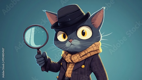 2D cartoon illustration of a cat dressed as a detective with a magnifying glass.--ar 16:9
