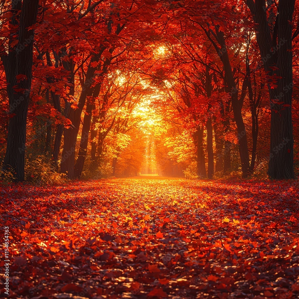 Fototapeta premium [Autumn forest trail at sunset] Autumn Forest Trail at Sunset Vibrant Leaves & Soft Golden Light