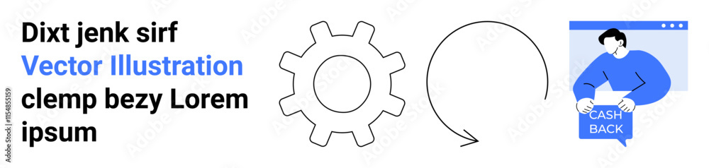 Gear, circular arrow and man holding cashback banner with text elements. Ideal for finance, technology, user interface, process management, business strategy, customer incentives, website design Gear, circular arrow and man holding cashback banner with text elements. Ideal for finance, technology, user interface, process management, business strategy, customer incentives, website design