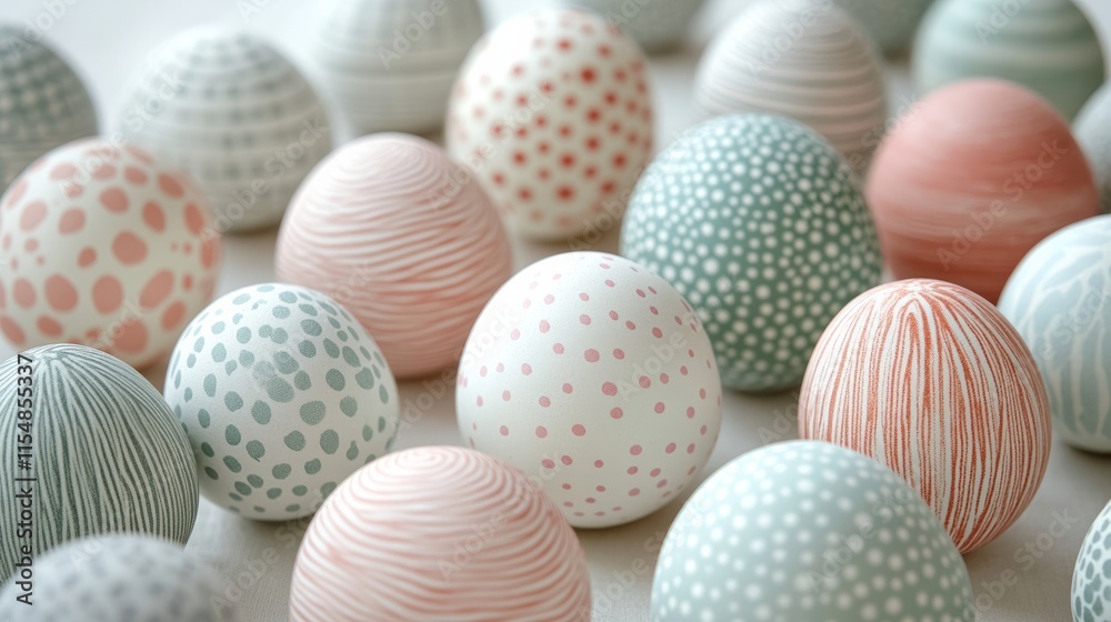 Light pastel-colored Easter eggs with simple patterns, arranged in a subtle pattern on a soft white background Light pastel-colored Easter eggs with simple patterns, arranged in a subtle pattern on a soft white background