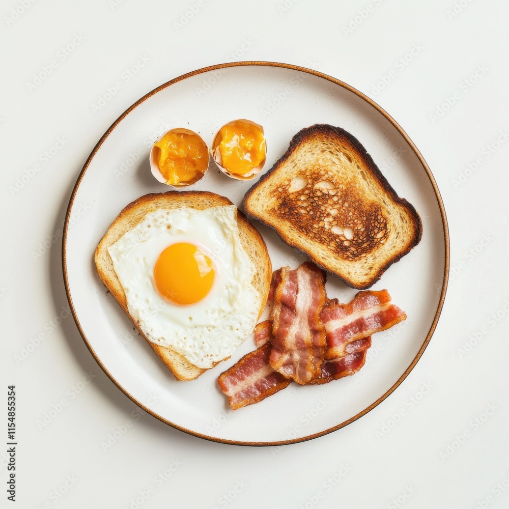 Classic breakfast with eggs, bacon, and toast. Featuring golden-brown toast and fresh ingredients Classic breakfast with eggs, bacon, and toast. Featuring golden-brown toast and fresh ingredients