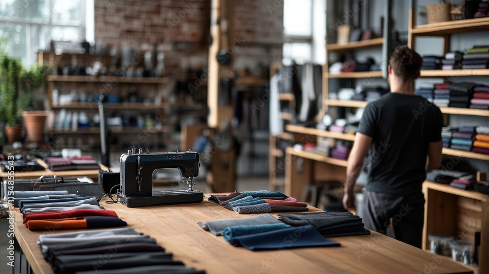 Obraz premium This workspace features a sewing machine at the center, with neatly arranged fabric swatches and tools on a wooden table, providing an inspiring creative environment