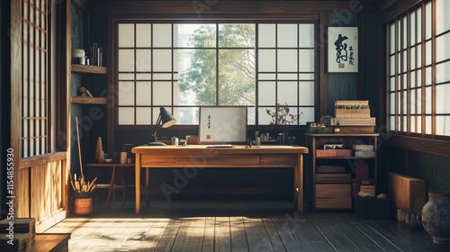 Japanese Study Room: Desk, Crafts, and Tranquil View photo