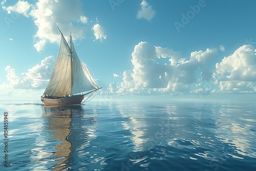 Sailboat sailing on calm ocean under sunny sky.