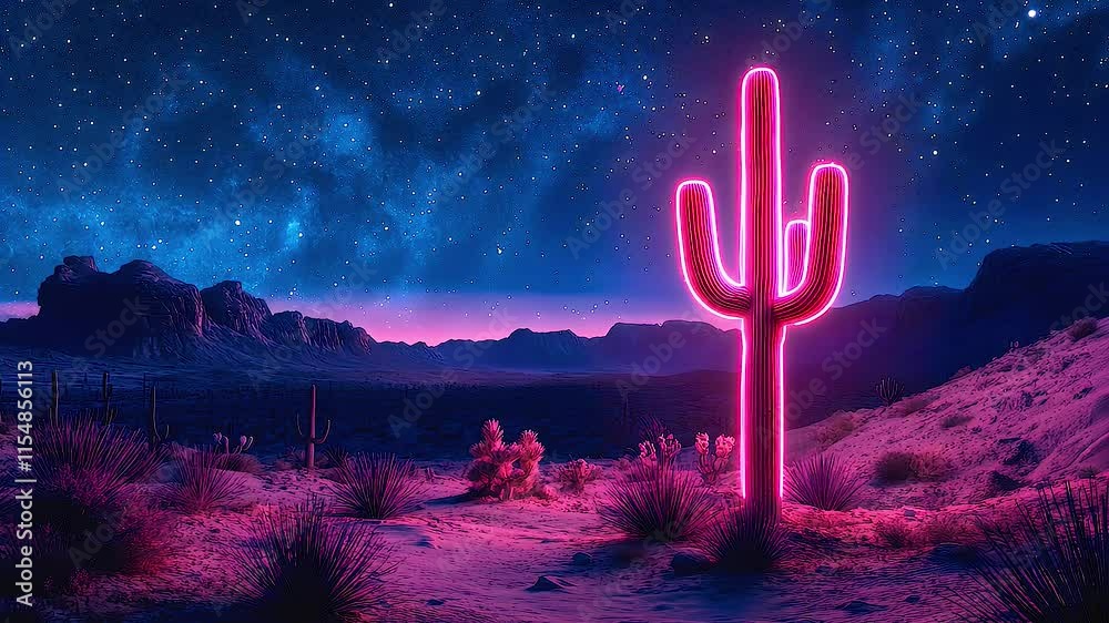 Glowing Pink Neon Cactus in Starry Desert Night Landscape Surreal Experience Under Stars