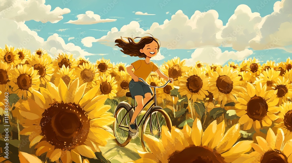 Fototapeta premium 2D cartoon illustration of a girl riding a bicycle through a sunflower field.--ar 16:9