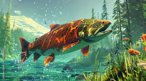 Salmon leaping from pristine river.