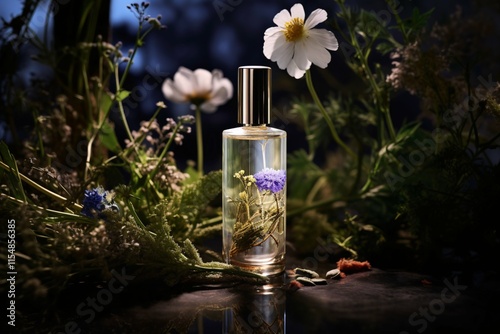 A sleek glass bottle encased in natural herbs and botanicals showcases the purity and authenticity of essential oils, highlighting their organic essence. photo