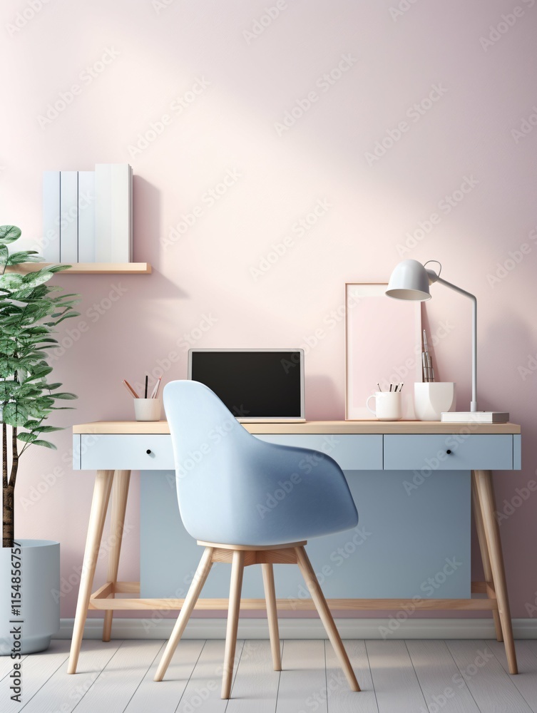 Fototapeta premium A tranquil pastel minimalist workspace showcases a soft pink desk, blue stationery, and a delicate green plant, fostering an inspiring and serene environment.
