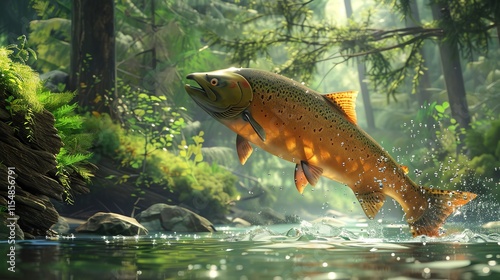 Salmon leaping in a forest stream.