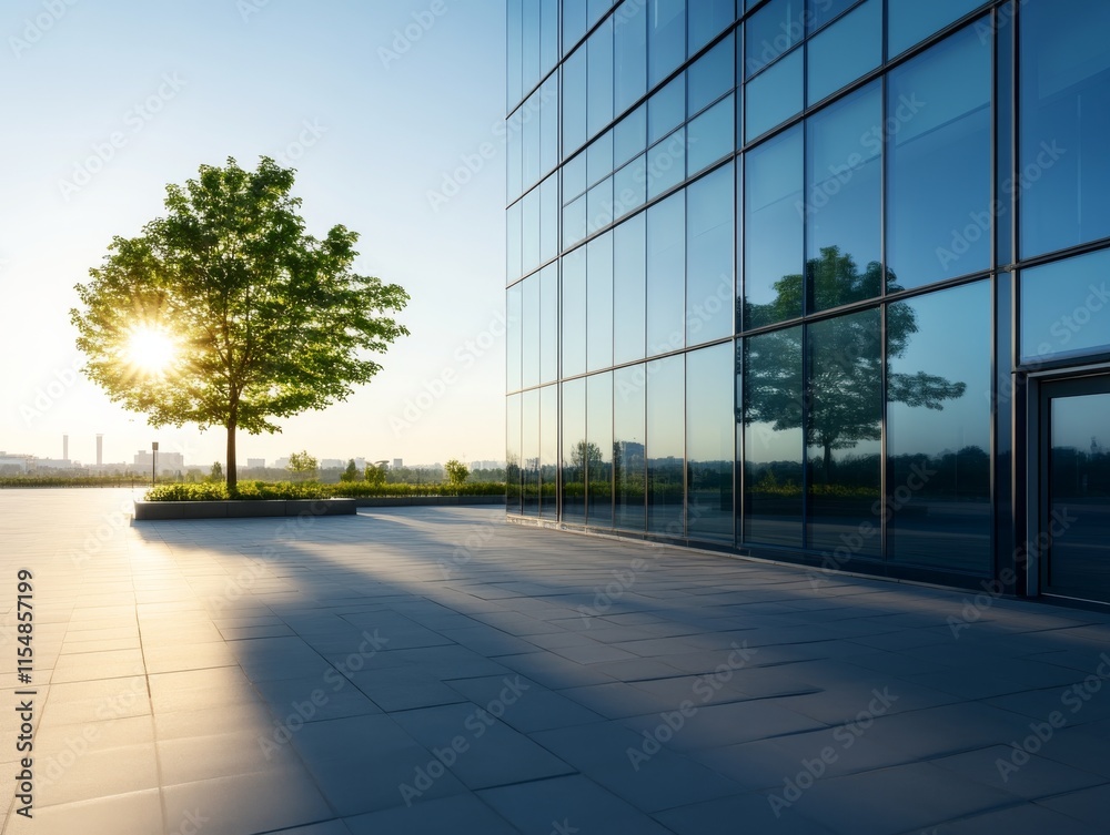 Fototapeta premium A sleek glass office structure stands tall with a vibrant green tree in front, reflecting the blue sky and emphasizing sustainable urban architecture