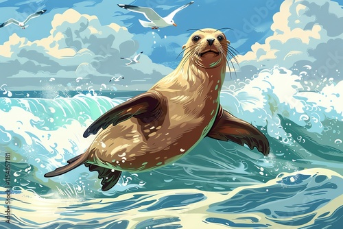 Sea lion leaping from ocean waves.