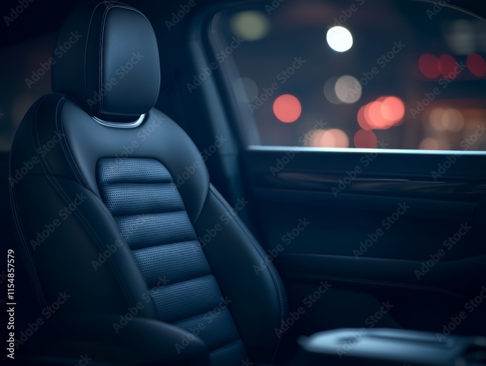 Obraz premium A black leather passenger seat stands out in a luxury car, enhanced by polished accents and soft ambient lighting, creating an elegant environment