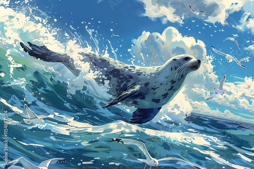 Seal leaping from ocean wave.