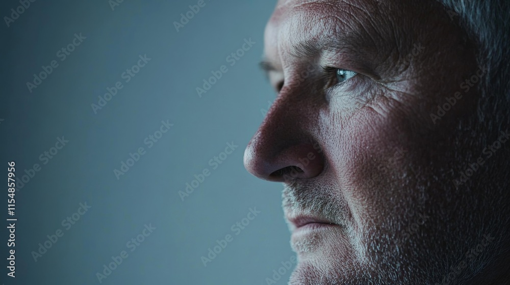 This detailed profile reveals a senior professional's face, emphasizing their aged skin and calm expression set against a neutral grey backdrop, leaving room for text This detailed profile reveals a senior professional's face, emphasizing their aged skin and calm expression set against a neutral grey backdrop, leaving room for text