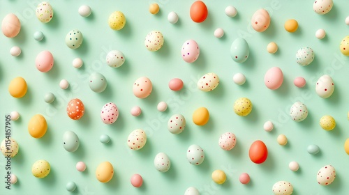 Small Easter eggs in various pastel colors arranged randomly on a light green background