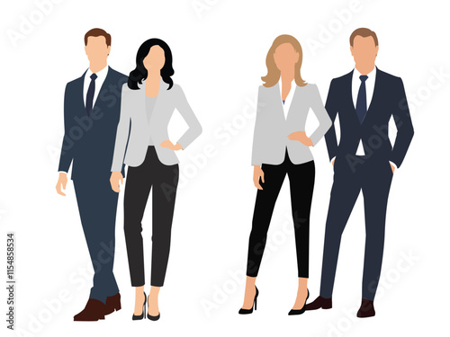 A vector illustration of professional businesspeople in formal attire, featuring two men and two women in modern business suits and blazers. 