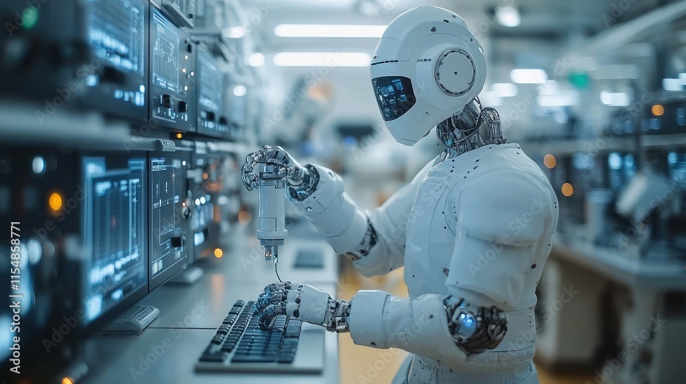 A humanoid robot working on a computer in a high-tech industrial environment. A humanoid robot working on a computer in a high-tech industrial environment.