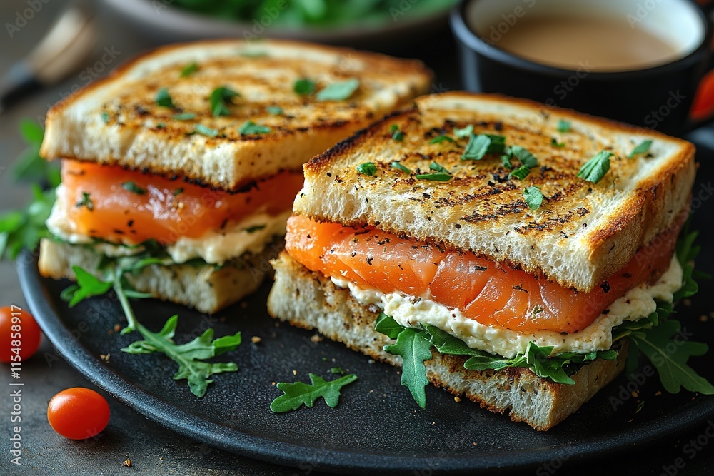 Fresh healthy salmon sandwich with lettuce and cucumber with paper cup of coffee on white stone background. Breakfast snack Fresh healthy salmon sandwich with lettuce and cucumber with paper cup of coffee on white stone background. Breakfast snack