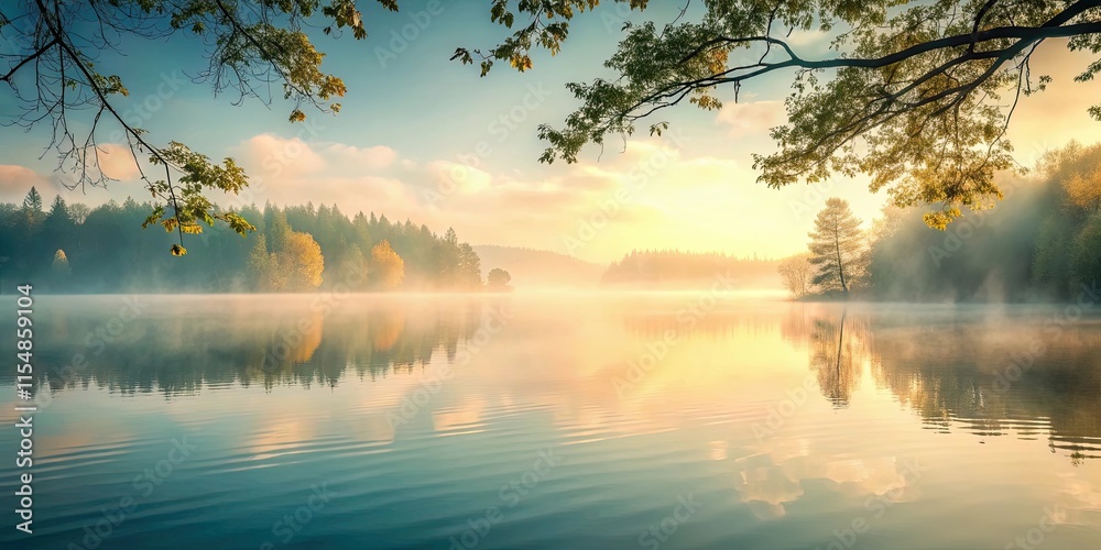 Serene sunrise over a misty lake framed by autumnal trees Serene sunrise over a misty lake framed by autumnal trees