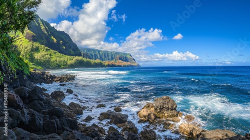 Dramatic cliffs and rugged stones line a rocky coastline where waves crash against the shore beneath a clear blue sky, showcasing an unspoiled natural landscape. photo