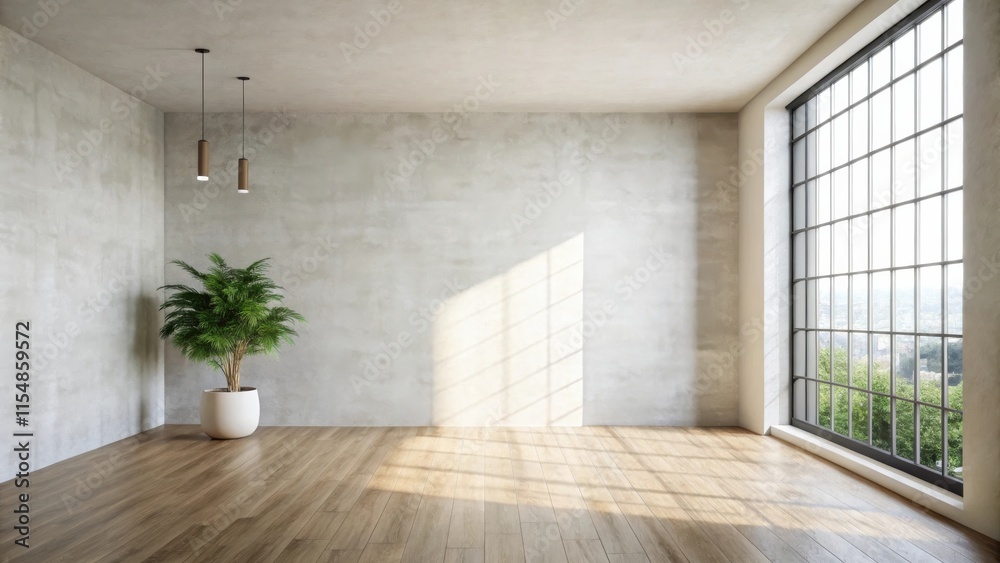 Fototapeta premium Sunlit Empty Room with Concrete Wall and Hardwood Floor