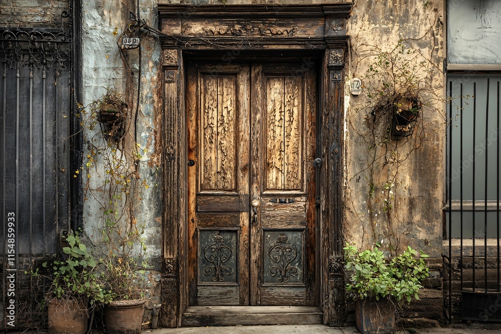 A weathered wooden door with intricate carvings showcases craftsmanship and serves as an inviting focal point for architectural photography. A weathered wooden door with intricate carvings showcases craftsmanship and serves as an inviting focal point for architectural photography.