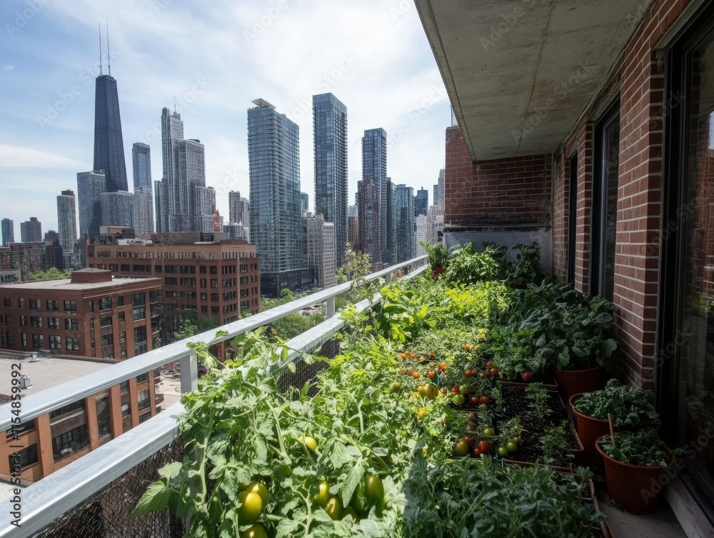 Fototapeta premium Balcony garden bursting with vibrant tomato plants overlooks a stunning urban skyline, illustrating the beauty of creative gardening in city life