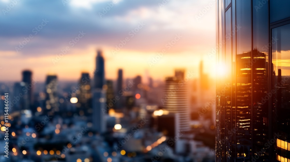 Fototapeta premium Golden Hour Cityscape: Reflective Skyscraper at Sunset