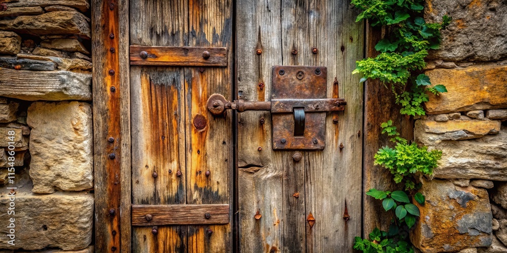 Rustic Wooden Door with Weathered Metal Latch and Stone Wall Rustic Wooden Door with Weathered Metal Latch and Stone Wall