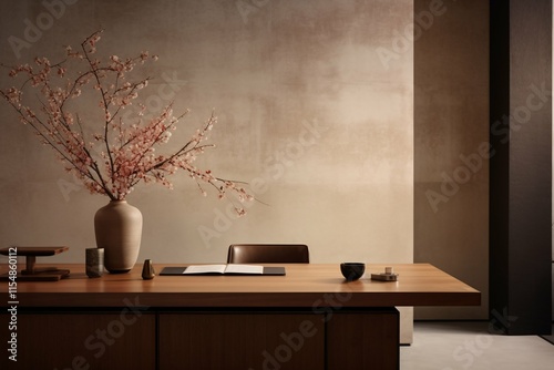 A minimalist workspace featuring earthy tones and seasonal decor, such as autumn leaves and spring blossoms, illustrates a harmonious balance. photo