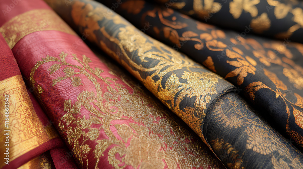 Luxurious Indian fabrics inlaid with gold, showcasing intricate patterns and rich colors. Perfect for traditional attire or decorative purposes, these textiles exude elegance and craftsmanship