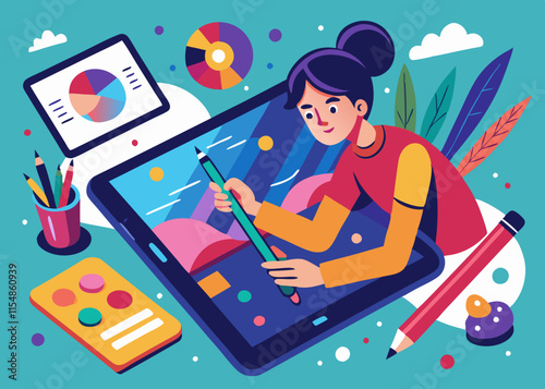 A person using a stylus on a smartphone to draw or edit photos, with a vibrant piece of digital art on the screen and creative tools around them.

